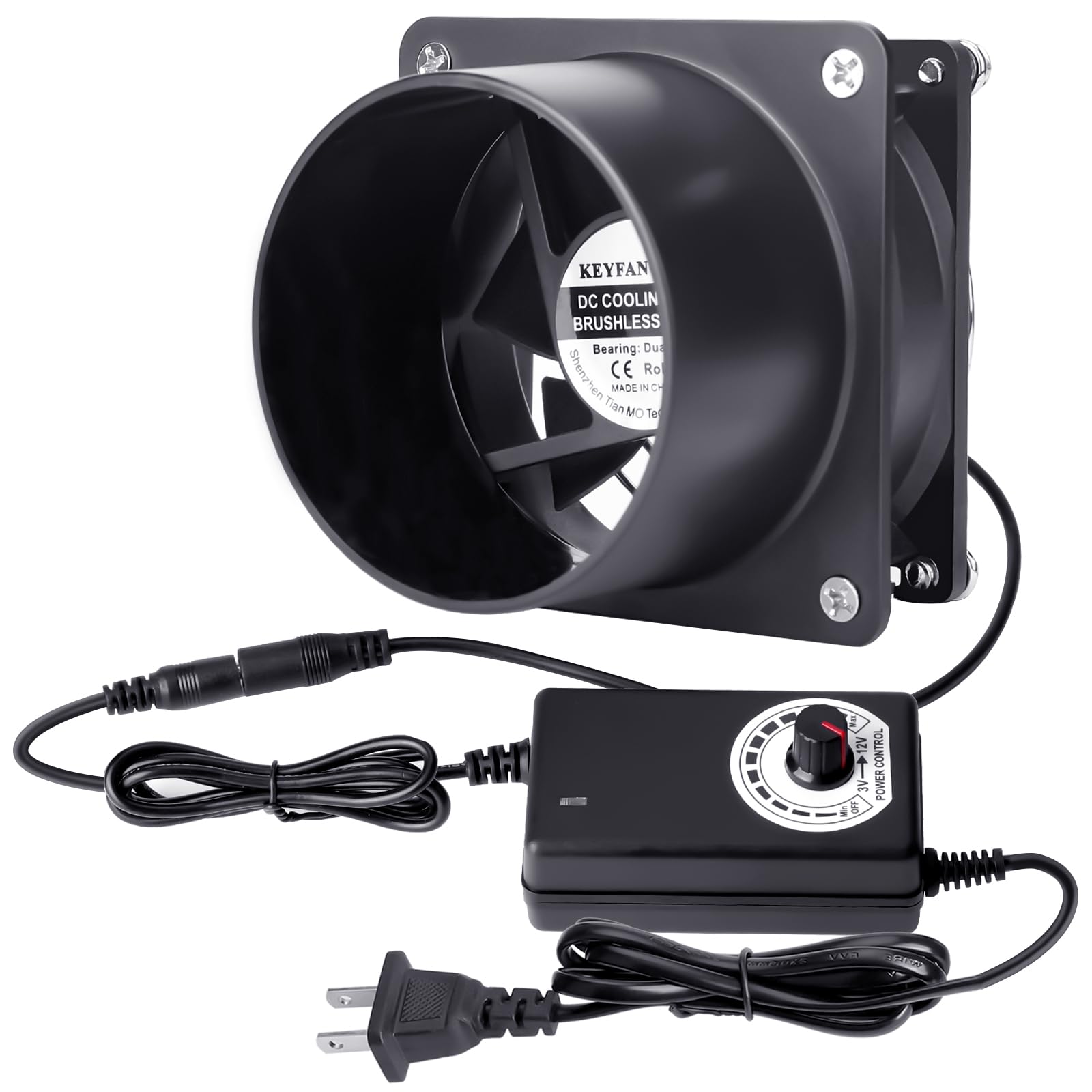 KEYFANCLUB Small Axial Exhaust Fan, 80mm 12V DC Fan with AC Plug Dual Ball Bearings Air Exhaust Fume Smoke Extractor Fan Kit for DIY Soldering, 3D Printer Enclosure