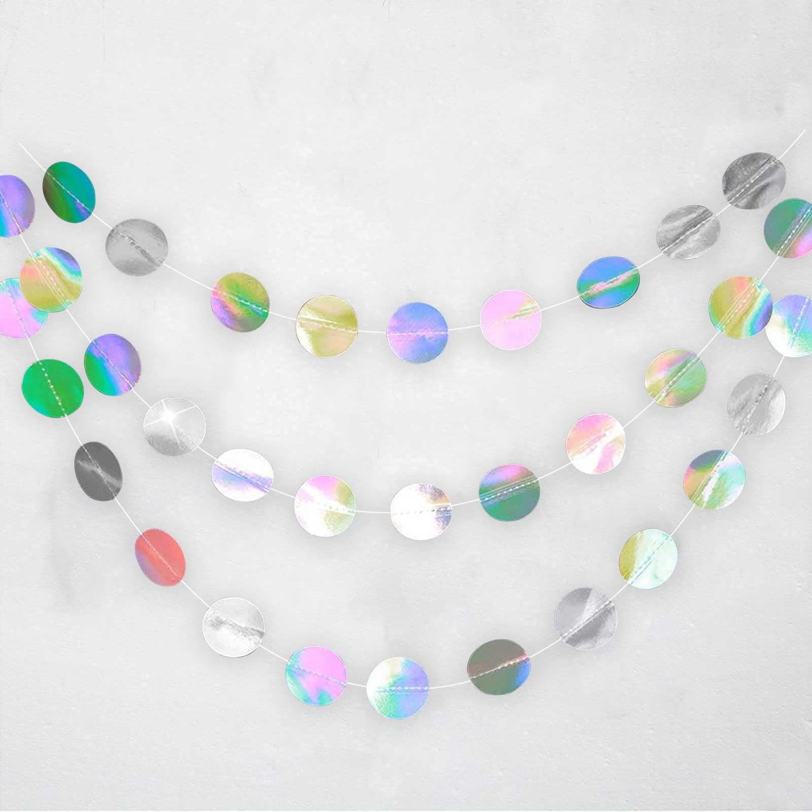 Fecedy 4 Pack Holographic Circle Shiny Garlands Iridescent Banner Hanging Streamer for Baby Shower Graduation Wedding Birthday Party Decoration