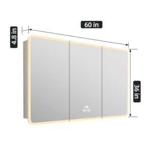 HBEZON Medicine Cabinet with LED Lights and Mirror, 60 x 36 Inch Surface and Recessed Mounted Bathroom Cabinet with Door, Adjustable Shelf, Defogger, Memory Function, 3-Color Mode, Outlet&USB, Dimmer