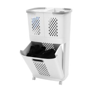 household laundry basket with 4 wheels, 3 removable bathroom clothes storage basket floor-standing large hand-held laundry basket for towels blankets and bathroom organization (2-layer 3 baskets)