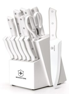 bravestone knife set, 15 piece kitchen knife set with block self sharpening, dishwasher safe, anti-slip handle (cream)