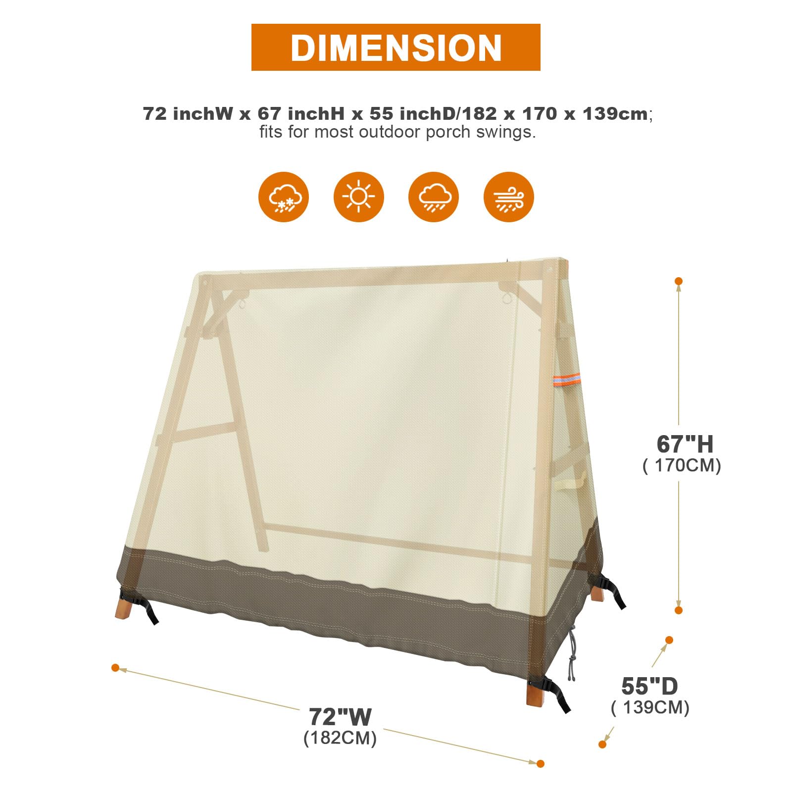 Outdoor Hammock Swing Cover A Frame 420D Waterproof Patio Porch Swing Chair Cover UV Resistant Weather Protector Patio Furniture Cover 72x67x55 Inch, Beige