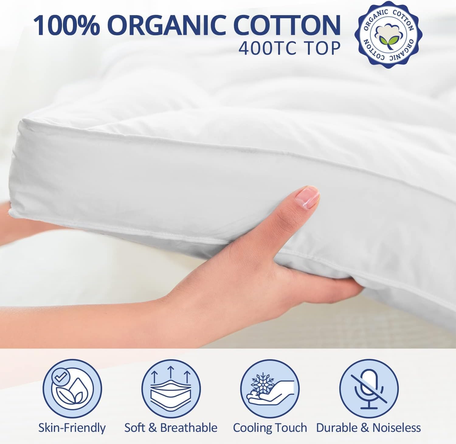 ELEMUSE 1300 GSM Overfilled Mattress Topper King with Baffle Box Design,Extra Thick Cooling King Pillow Top Pad, 400TC Organic Cotton Cover, Plush & Support Snow Down Alternative, White