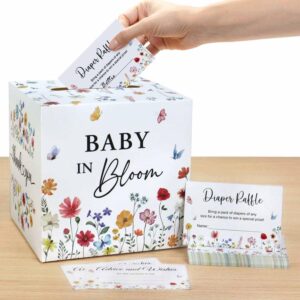 heboland baby in bloom baby shower decorations diaper raffle box with 50 tickets, girls wildflower diaper raffle card box games kit