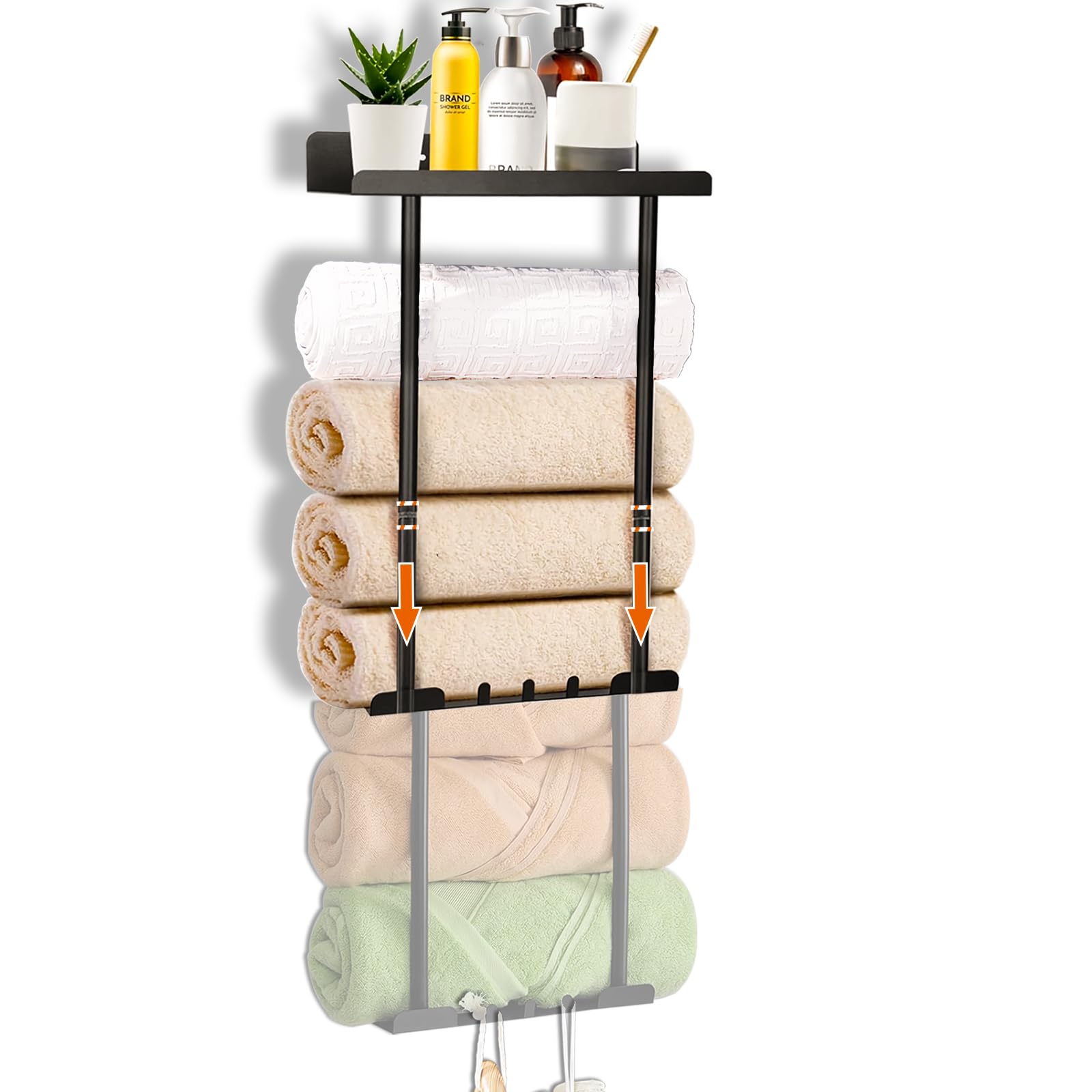 Towel Racks for Bathroom,CIT ZCFYU Retractable Towel Storage Holder Wall Mounted for Small Bathroom,Up to 8 Tier Rolled Bath Towel Rack or Hand Towels,Vertical Metal Towel Shelf Organizer with 3 Hooks