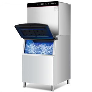 pullafun commercial ice maker machine 550lbs/24h, industrial ice machine with 330lbs storage bin, ice ready in 8-15 min, stainless steel 1280w/120v, self-clean ice maker for cafe/bar/restaurant