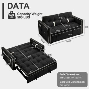 3-in-1 Convertible Sleeper Sofa Bed,55.5" Modern Tufted Velvet Pull Out Couch Bed,Futon Small Love Seat Sofa with Adjustable Backrest&Cylinder Pillows for Living Room,Apartment,Small Places(Black)