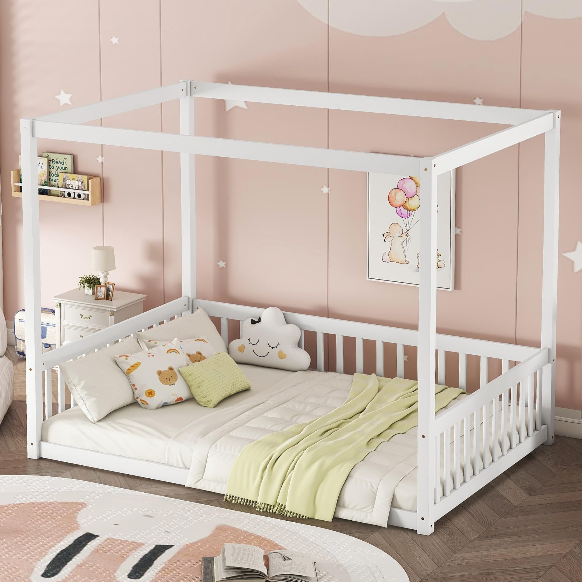 Full Size Canopy Bed Frame with Guardrails for Kids,Floor Bed Full with Four Poster Design,Kids Montessori Floor Bed,Wood Canopy Bed Frame for Girls,Boys(Full,White)