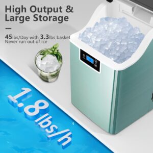 Nugget Ice Makers Countertop, 45lbs/Day Portable Ice Maker for Party Chewable Pellet Ice Maker Machine with Self-Cleaning, 3.3lbs Basket, LCD Screen, Cushed Ice Maker for Kitchen,Stainless Steel Green