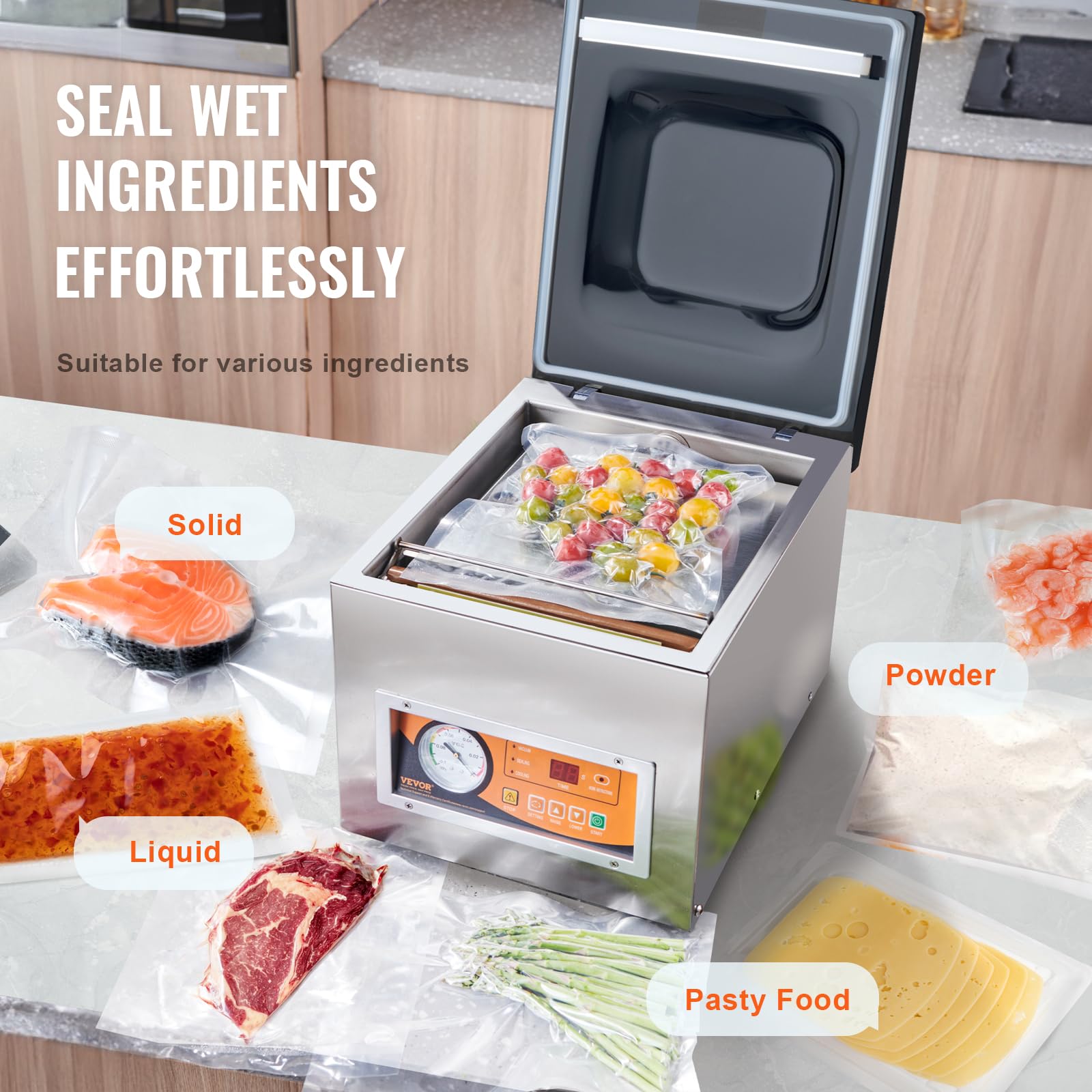 VEVOR Chamber Vacuum Sealer, 260W Sealing Power, Vacuum Packing Machine for Wet Foods, Meats, Marinades and More, Compact Size with 10.2" Sealing Length, Applied in Home Kitchen