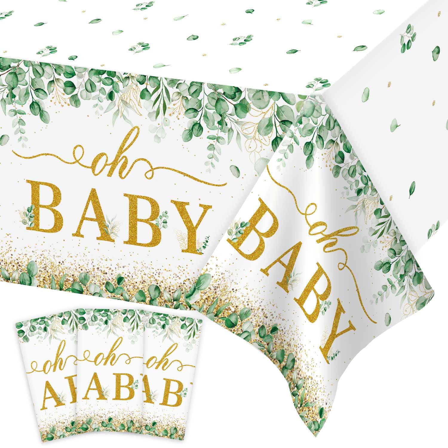 Heboland 3 Pack Sage Green Neutral Baby Shower Tablecloth Decorations, Oh Baby Large Size 54 x 108 Inch Rectangular Plastic Tablecloth Party Decor