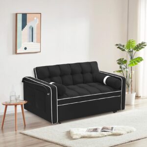 3 in 1 Convertible Sleeper Sofa,55.5" Velvet Tufted Pull Out Couch Bed,Loveseat Futon Sofa Chaise Lounge with Adjustable Backrest&Phone Holder for Living Room,Office,Apartment,Small Space(Black)