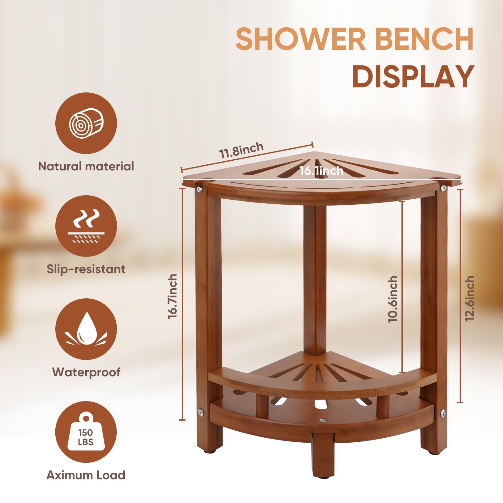 Corner Shower Stool 12in shower Seat for Inside Shower Bamboo Shower Stool for Shaving Legs Waterproof Bath Bench Seat with Storage Shelf Bamboo Shower Foot Rest for Small Shower Spaces Bath Seat