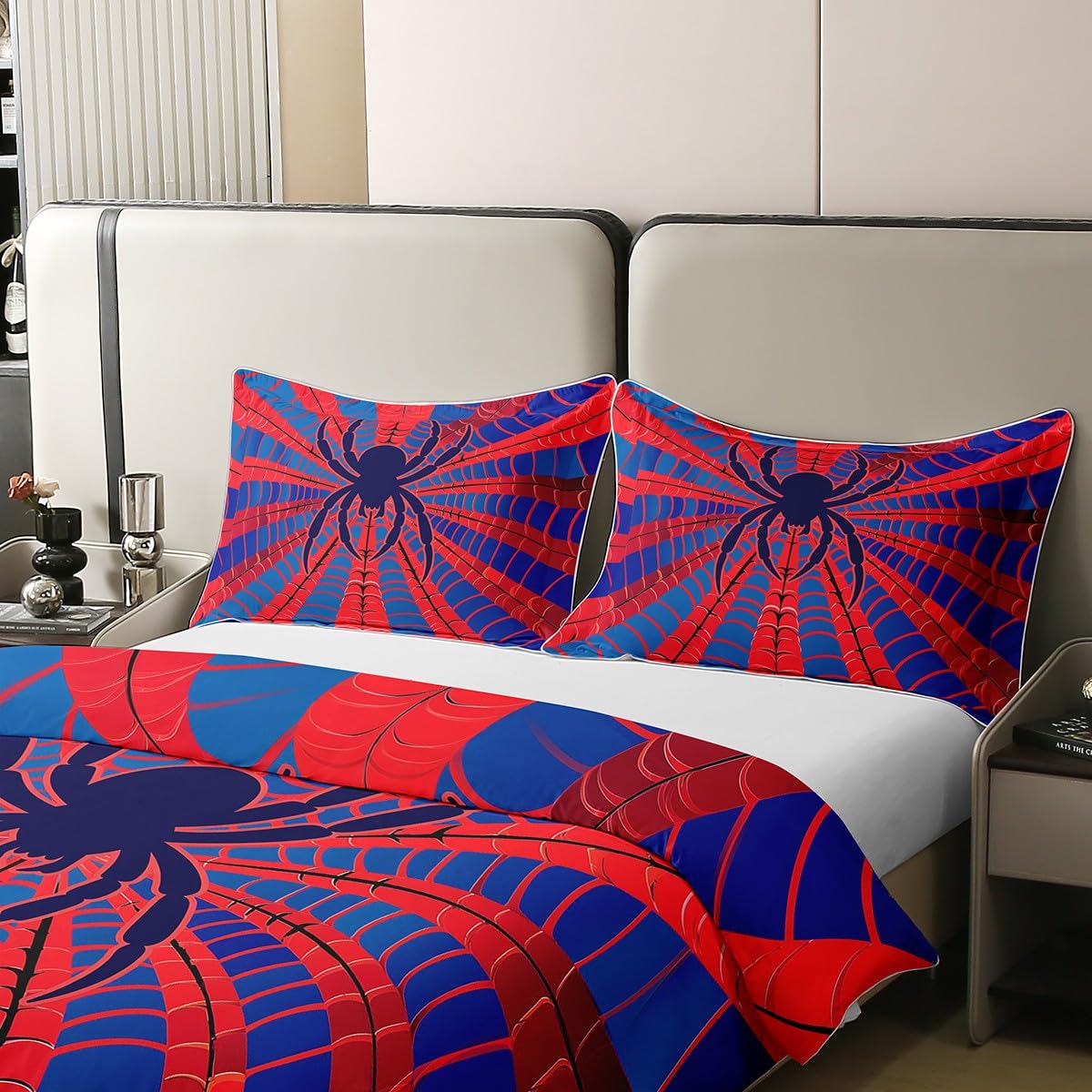 Spider Silhouette 100% Cotton Duvet Cover,Watercolor Abstract Spider Web Kids Halloween Theme Comforter Cover,Red Blue Print Cartoon Spider Web Comforter Cover 2 Pcs with 1 Pillowcase Twin