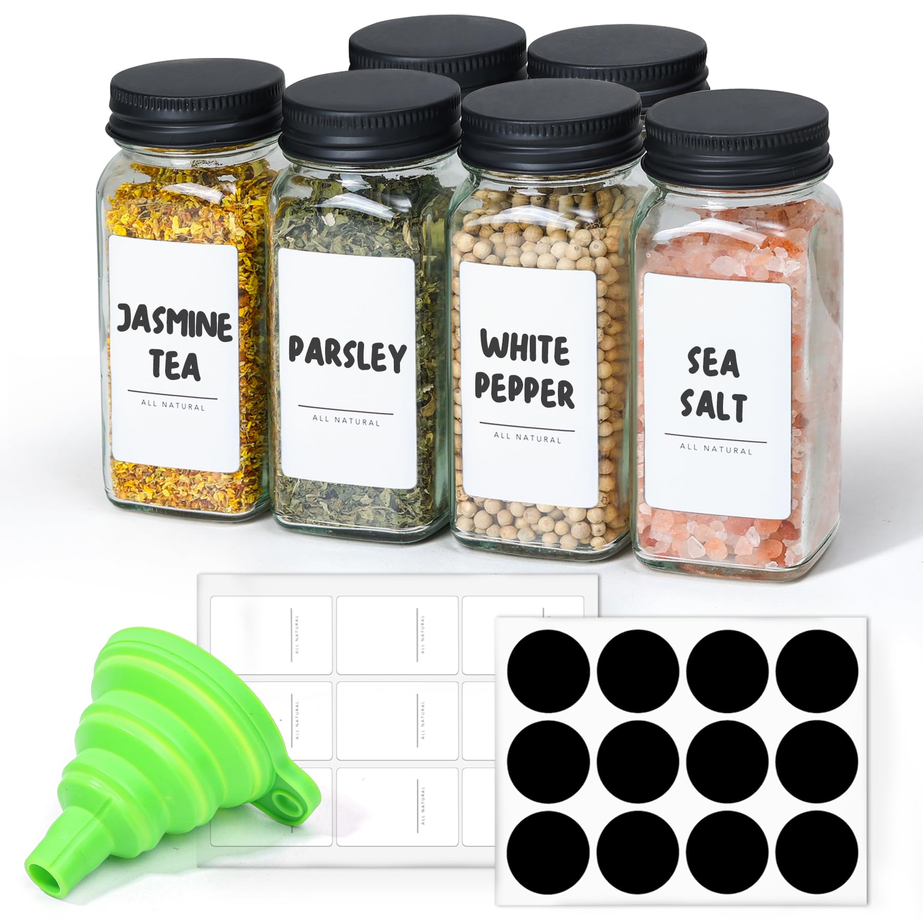 ComSaf 6Pcs 4oz Glass Spice Jars with Shaker Lids, 21 Labels, Spice Jars Trial Set & Supplement Set, Empty Spice Containers and Square Spice Bottles for Kitchen and Seasoning