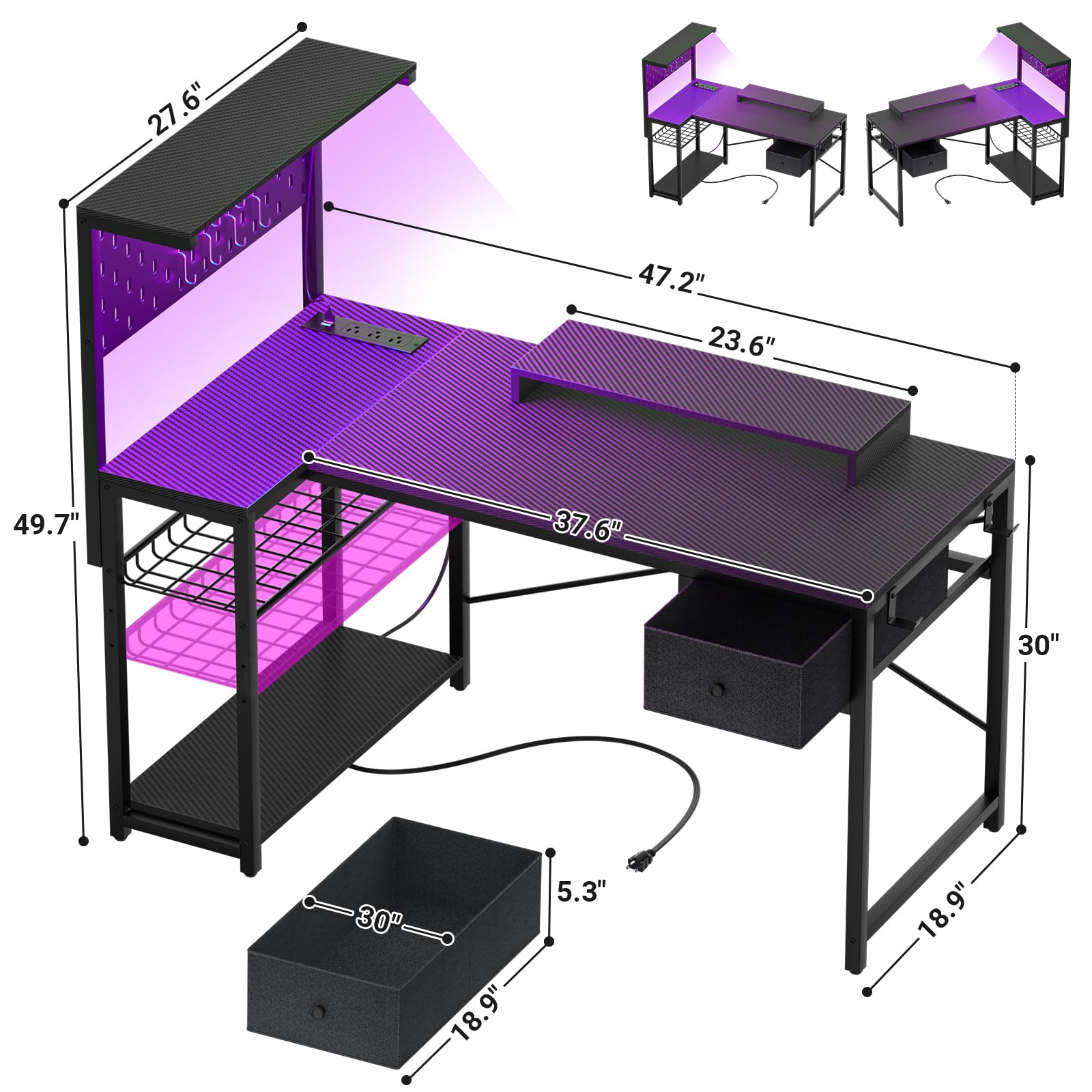 Homieasy L Shaped Gaming Desk with Drawer & Pegboard, 47 inch LED Small Computer Desk with Power Outlet & Storage Shelves, Reversible Corner Desk with Monitor Stand, Headset Hooks, Carbon Fiber Black