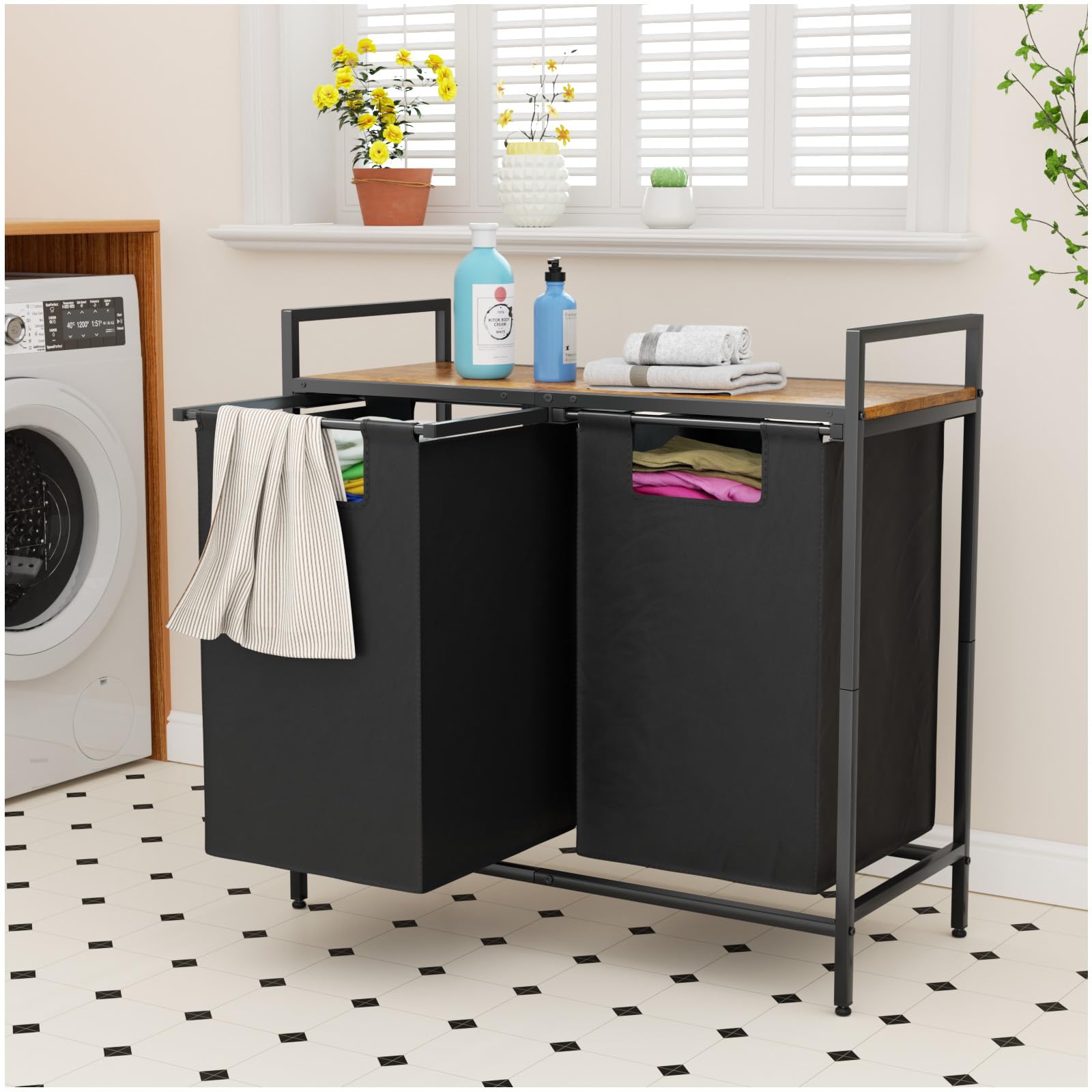 Laundry Basket Organizer - Laundry Hamper, Laundry Sorter with 2 Pull-Out and Removable Bags, Dirty Clothes Hamper Organizer for Laundry Room Bathroom and Dorm, 2 x 12.1 Gallons (46L) Brown and Black