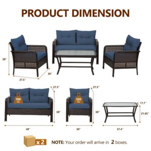 RoyalCraft 4 Pieces Patio Furniture Set, Outdoor Rattan Chair Wicker Conversation Sets with Cushions and Glass Coffee Table, for Porch Balcony Garden Backyard Deck, Brown and Navy