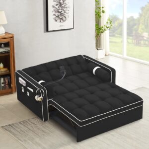 3 in 1 Convertible Sleeper Sofa,55.5" Velvet Tufted Pull Out Couch Bed,Loveseat Futon Sofa Chaise Lounge with Adjustable Backrest&Phone Holder for Living Room,Office,Apartment,Small Space(Black)