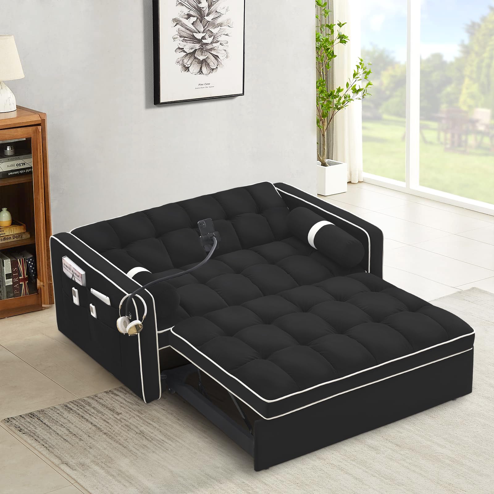 3 in 1 Convertible Sleeper Sofa,55.5" Velvet Tufted Pull Out Couch Bed,Loveseat Futon Sofa Chaise Lounge with Adjustable Backrest&Phone Holder for Living Room,Office,Apartment,Small Space(Black)