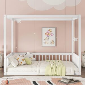 Full Size Canopy Bed Frame with Guardrails for Kids,Floor Bed Full with Four Poster Design,Kids Montessori Floor Bed,Wood Canopy Bed Frame for Girls,Boys(Full,White)