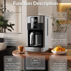 FETIONS Coffee Maker with Glass Carafe for Home Office, Programmable Stainless Steel Drip Coffee Machine with Timer Auto Shut-Off, LED Screen, 12-Cup Coffee Pot with Anti-Drip System, Reusable Filter