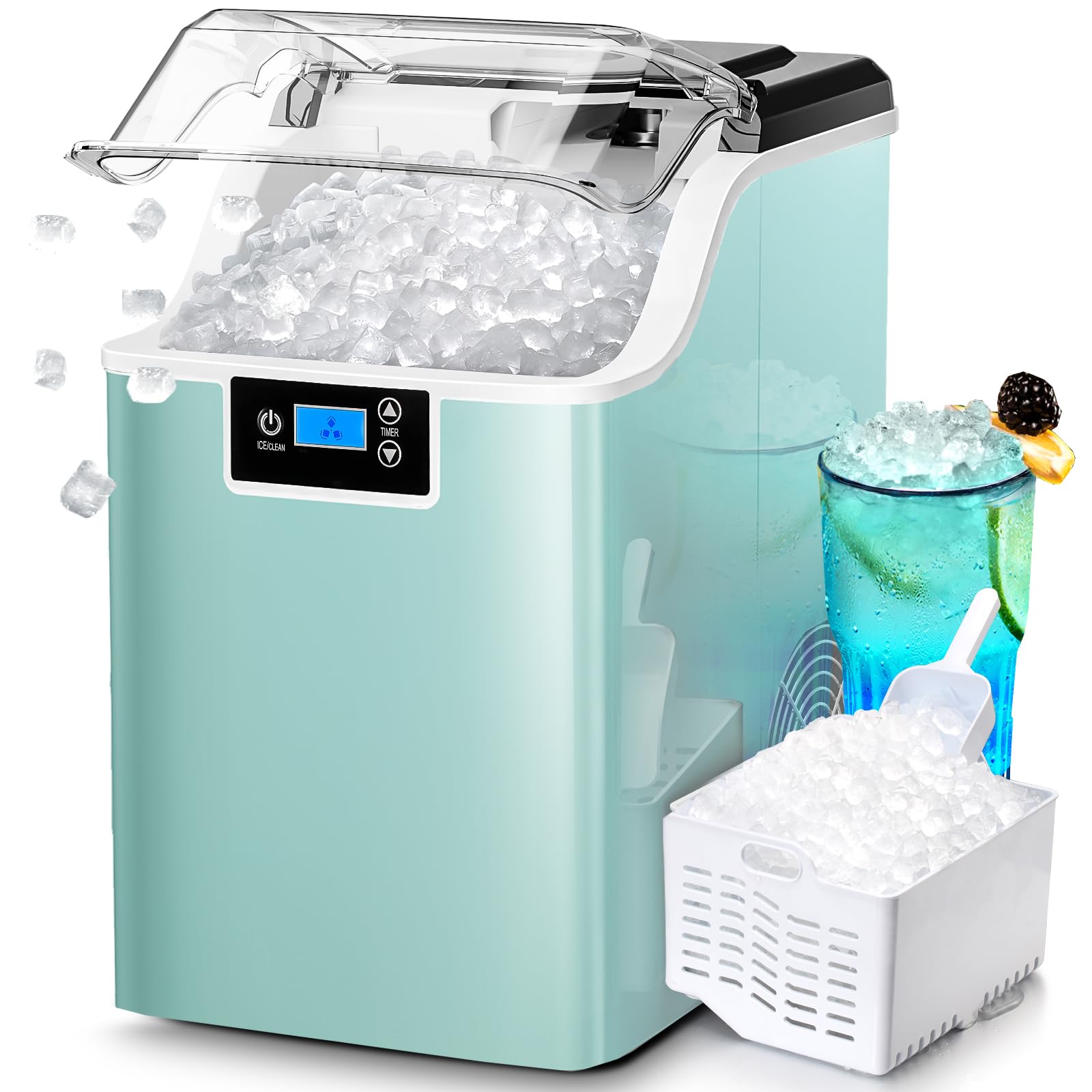 Nugget Ice Makers Countertop, 45lbs/Day Portable Ice Maker for Party Chewable Pellet Ice Maker Machine with Self-Cleaning, 3.3lbs Basket, LCD Screen, Cushed Ice Maker for Kitchen,Stainless Steel Green