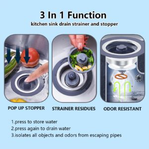 Upgraded 3 in 1 Kitchen Sink Drain Strainer 304 Stainless Steel Pop up Kitchen Sink Stopper Kit Basket Strainer with for Standard 3-1/2 inch Drain Filter, Anti-Clogging and Detachable