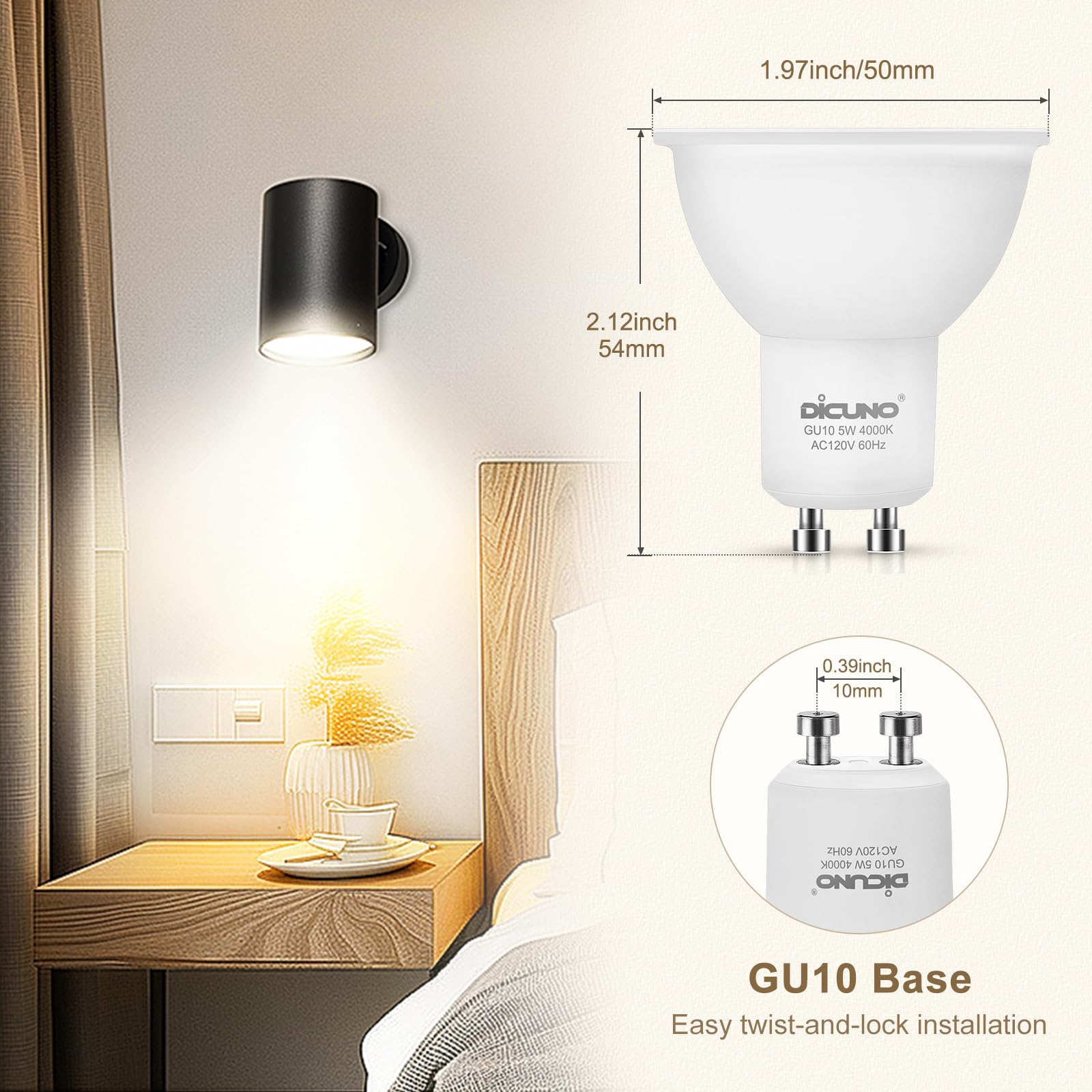 DiCUNO GU10 LED Bulb Dimmable, 40W Equivalent, Natural White 4000K, 450LM, MR16 GU10 LED for Spotlight, Track Lighting, 5W LED Light Bulb with 38° Beam for Kitchen, Range Hood, Living Room, Pack of 6