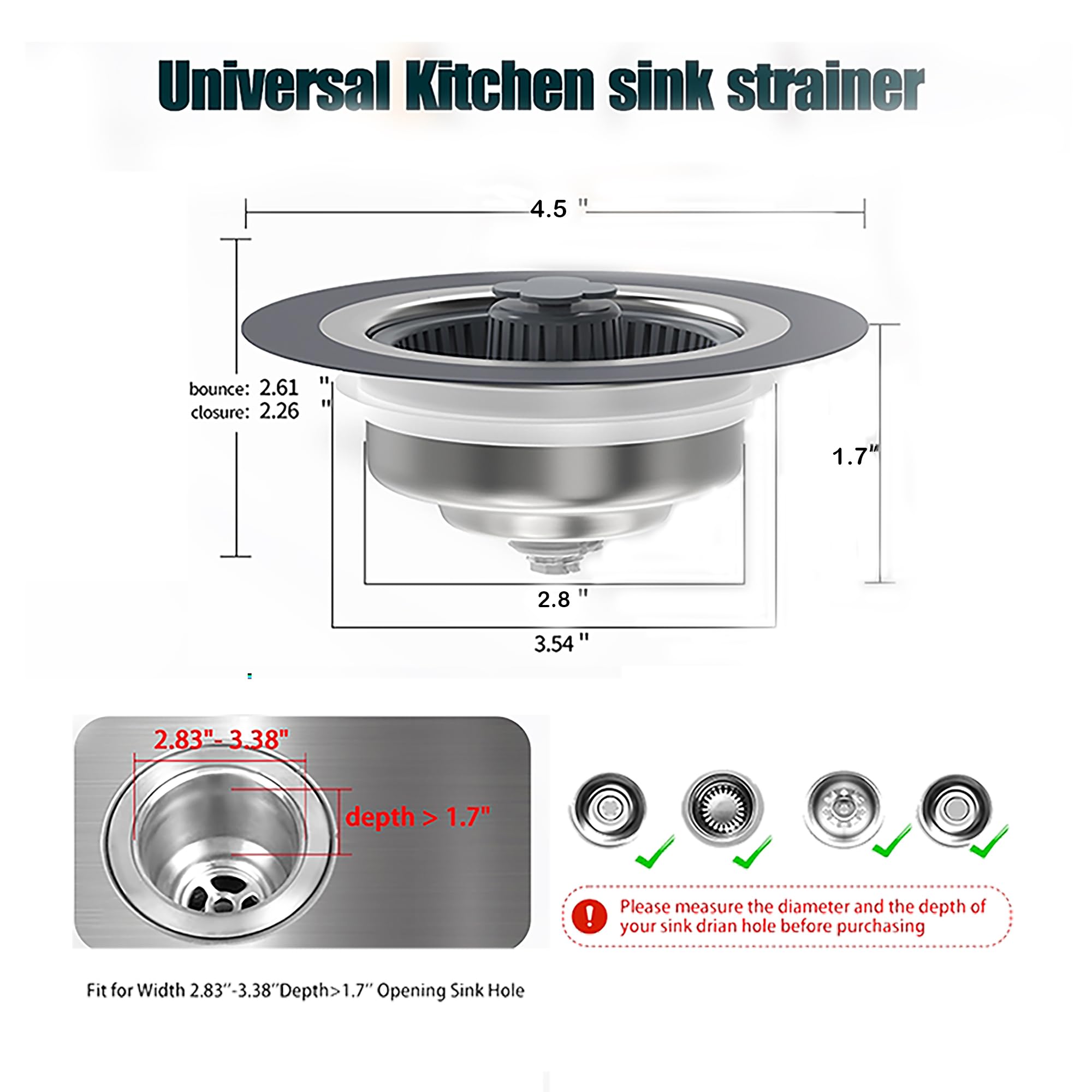 Upgraded 3 in 1 Kitchen Sink Drain Strainer 304 Stainless Steel Pop up Kitchen Sink Stopper Kit Basket Strainer with for Standard 3-1/2 inch Drain Filter, Anti-Clogging and Detachable