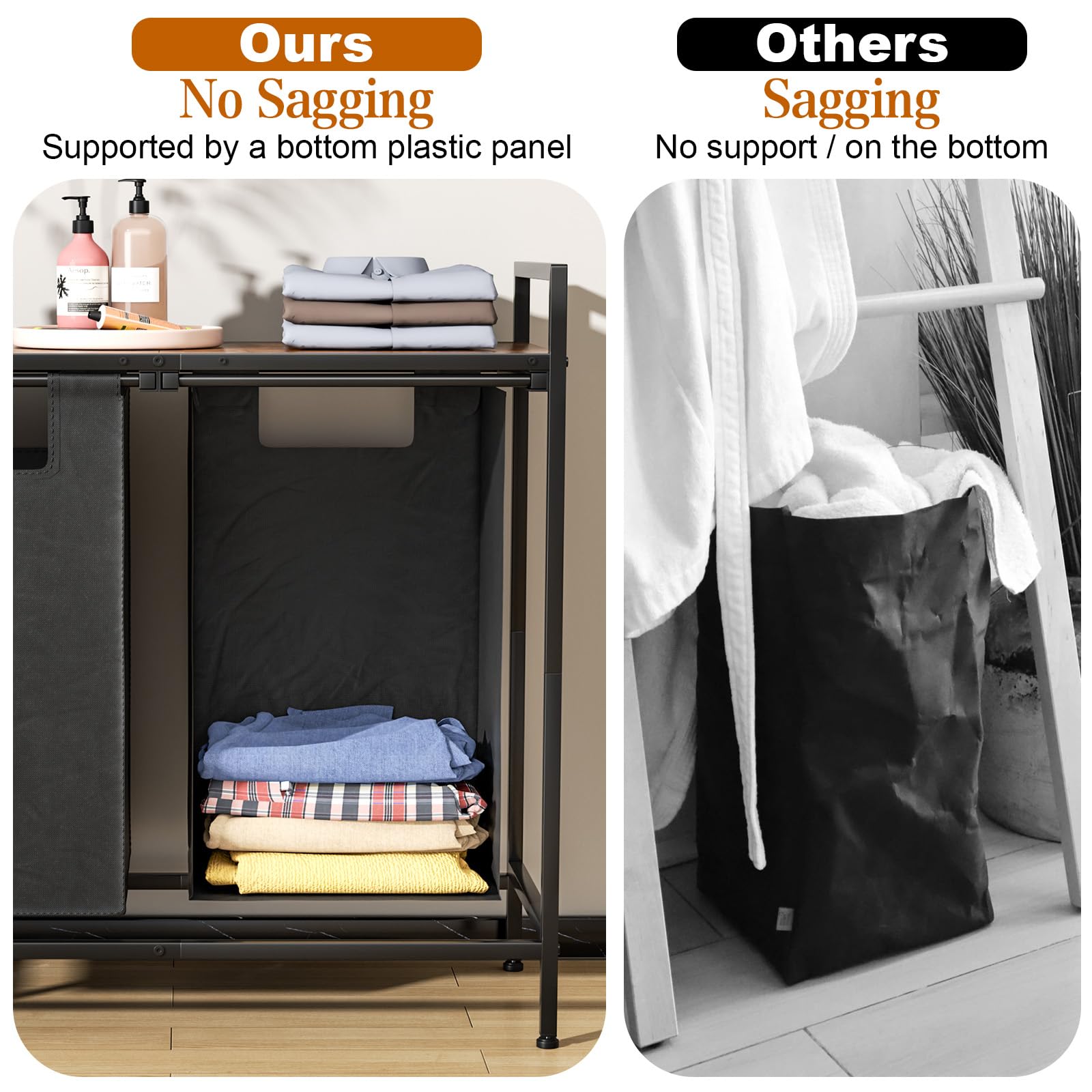 Laundry Basket Organizer - Laundry Hamper, Laundry Sorter with 2 Pull-Out and Removable Bags, Dirty Clothes Hamper Organizer for Laundry Room Bathroom and Dorm, 2 x 12.1 Gallons (46L) Brown and Black