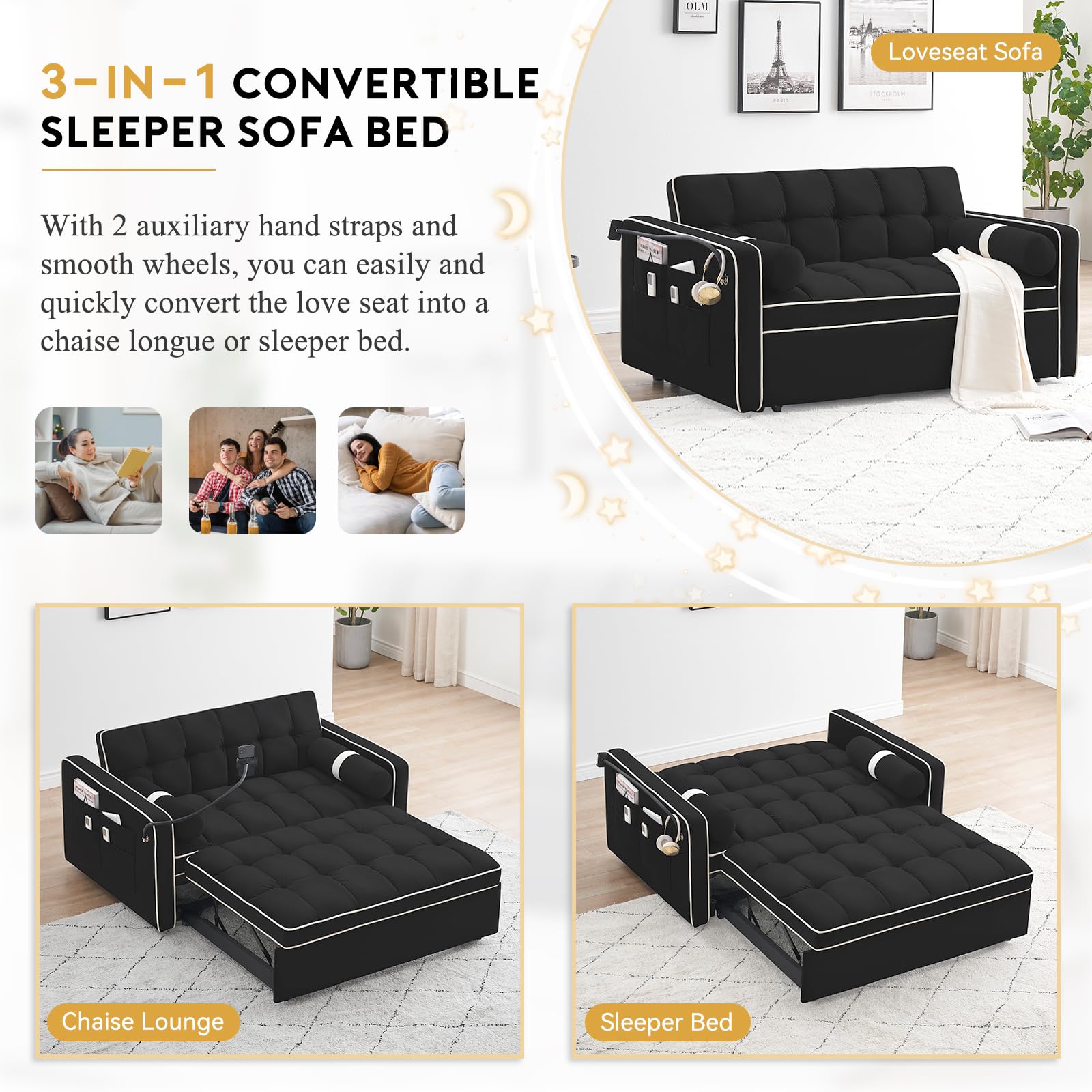 3 in 1 Convertible Sleeper Sofa,55.5" Velvet Tufted Pull Out Couch Bed,Loveseat Futon Sofa Chaise Lounge with Adjustable Backrest&Phone Holder for Living Room,Office,Apartment,Small Space(Black)