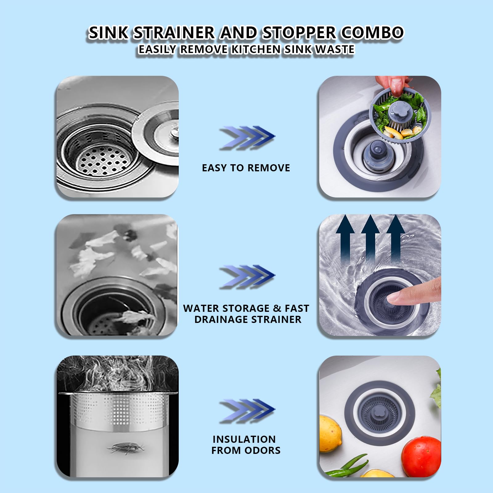 Upgraded 3 in 1 Kitchen Sink Drain Strainer 304 Stainless Steel Pop up Kitchen Sink Stopper Kit Basket Strainer with for Standard 3-1/2 inch Drain Filter, Anti-Clogging and Detachable