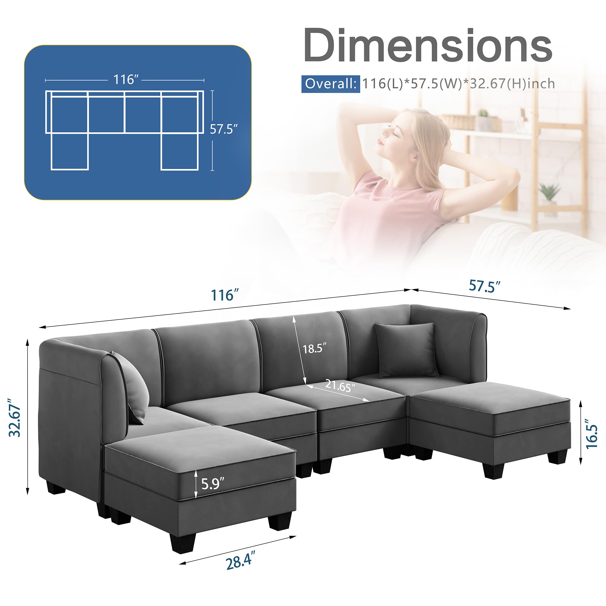 JAMFLY Modular Sectional Sofa U Shaped Sectional Couch with Reversible Chaise Convertible Sectional Couches for Living Room, 6 Seat Sofa Couch with Ottomans, Drak Grey