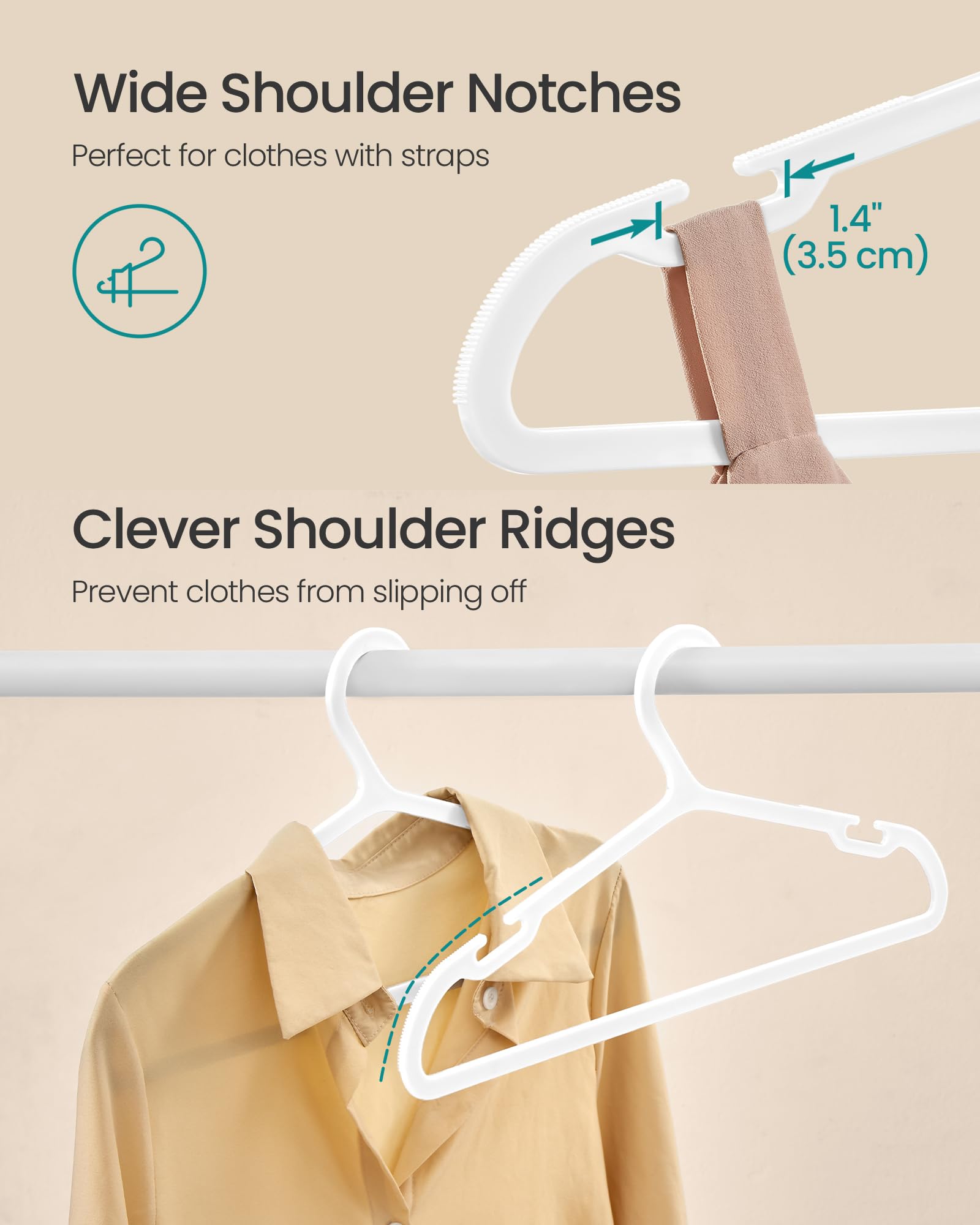 SONGMICS Clothes Hangers, Pack of 50, Plastic Hangers, with Wide Shoulder Notches, Space-Saving Coat Hangers, 16.4 Inches Wide, for Closet, Cloud White UCRP010W01