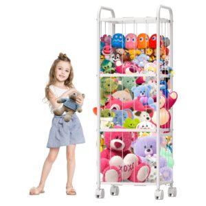 stuffed animal storage, metal tube toy storage organizer extra large stuffed animal holder with brake wheels, stuffed animal zoo organizer for nursery playroom kids room white(53.5” x 18.1”x 13”)