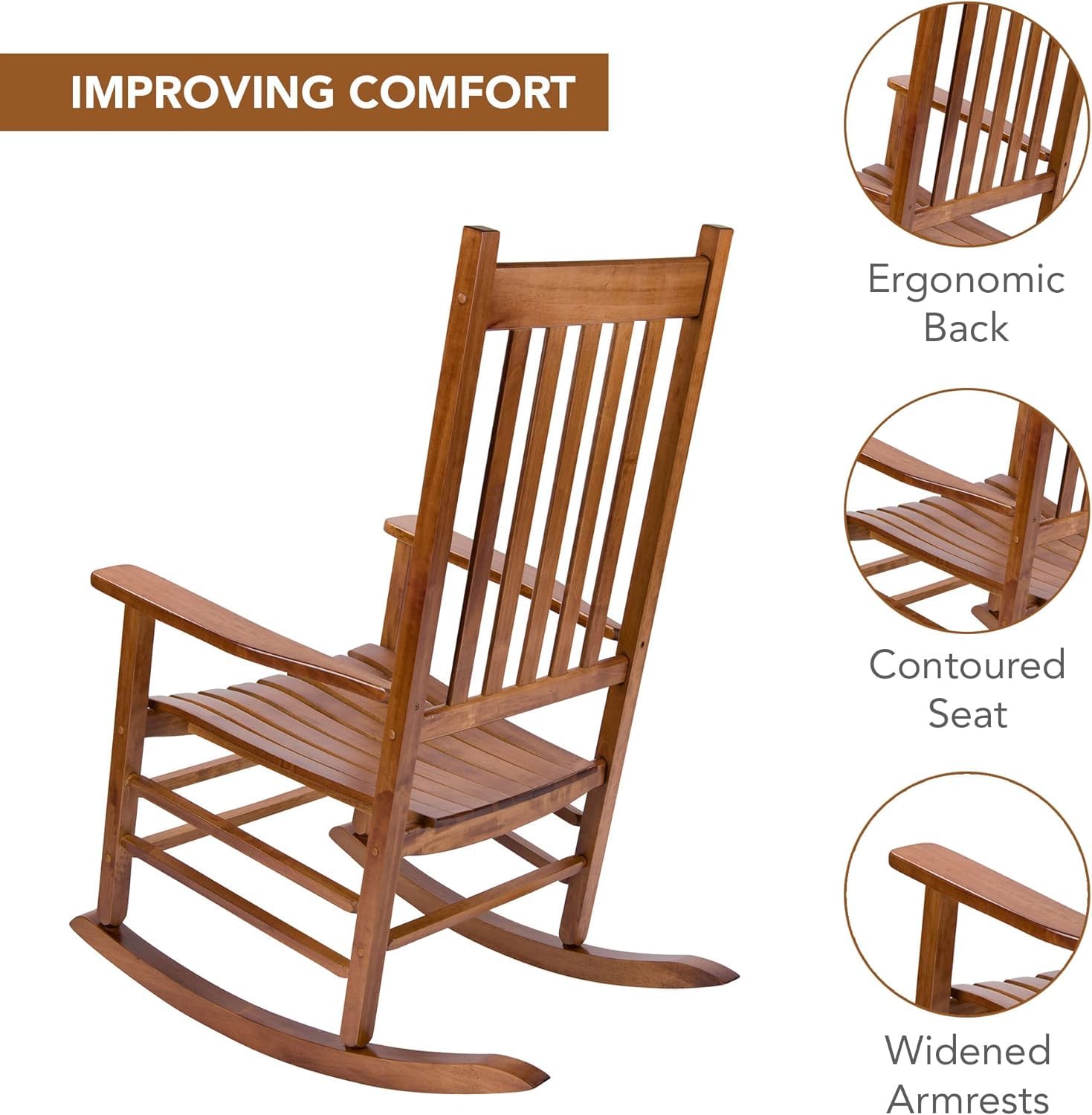 anwickjeff Outdoor Rocking Chair, High Back Slat Reclining, Wooden Rocker Chairs, Indoor Lounge Chair for Backyard/Lawn/Patio/Garden/Porch/Balcony (Brown)