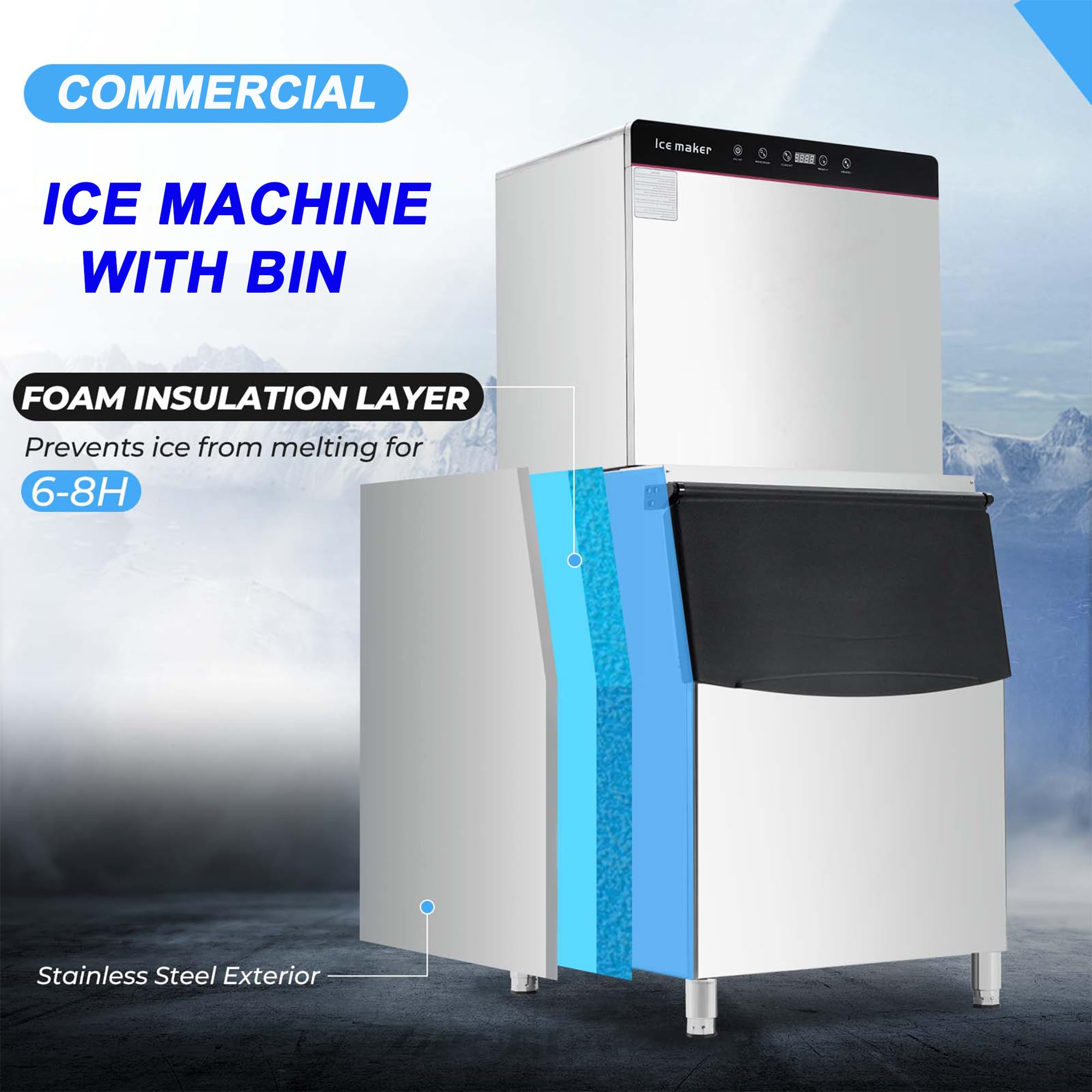 PULLAFUN Commercial Ice Maker Machine 550LBS/24H, Industrial Ice Machine with 330lbs Storage Bin, Ice ready in 8-15 min, Stainless Steel 1280W/120V, Self-Clean Ice Maker for Cafe/Bar/Restaurant