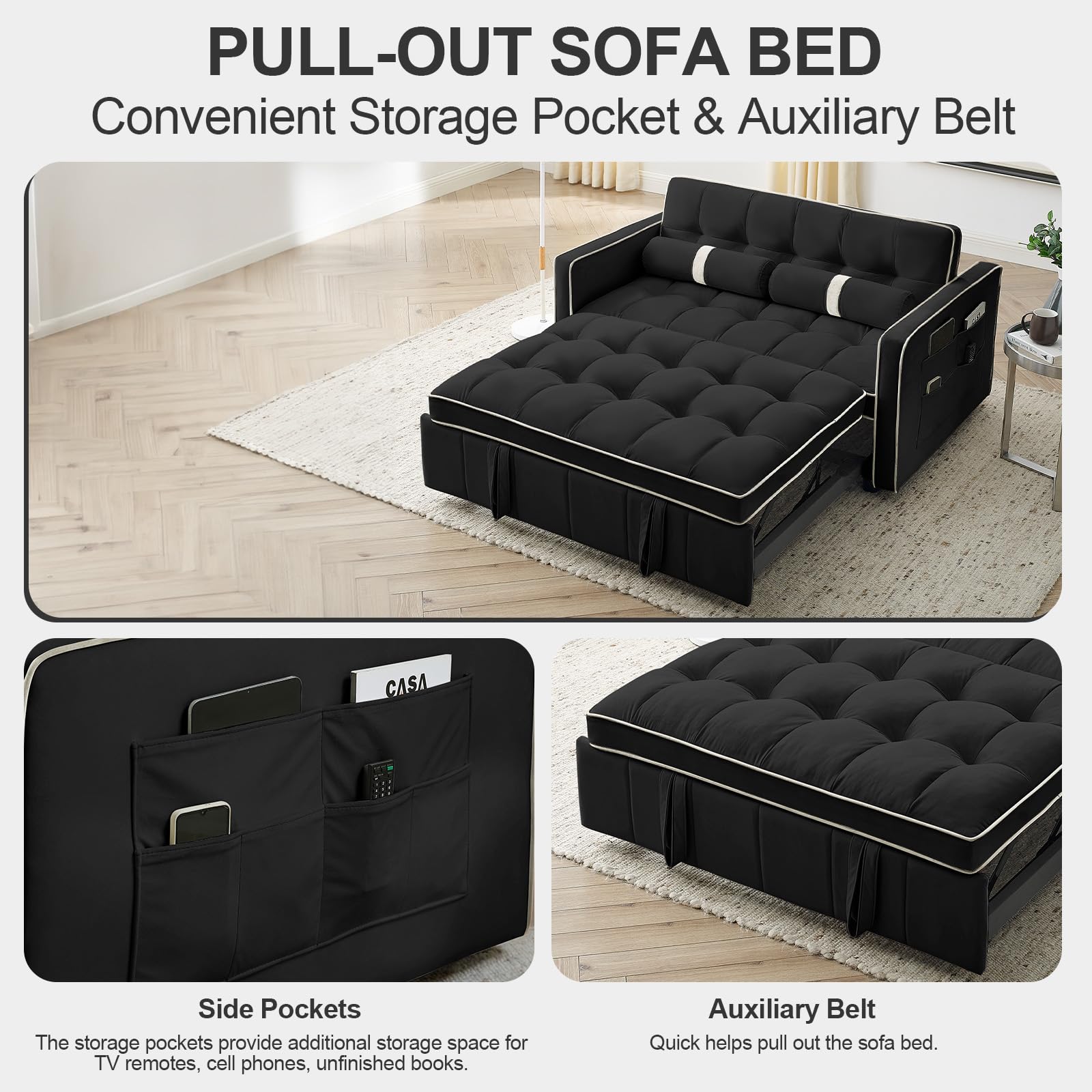 3-in-1 Convertible Sleeper Sofa Bed,55.5" Modern Tufted Velvet Pull Out Couch Bed,Futon Small Love Seat Sofa with Adjustable Backrest&Cylinder Pillows for Living Room,Apartment,Small Places(Black)