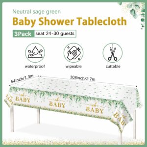 Heboland 3 Pack Sage Green Neutral Baby Shower Tablecloth Decorations, Oh Baby Large Size 54 x 108 Inch Rectangular Plastic Tablecloth Party Decor