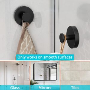 STWWO Suction Cup Hooks for Shower, Bathroom, Hanging Towels, Robe, Loofah, Mounting on Glass Shower Doors, Tile, Mirrors, Matte Black, 2 Pack