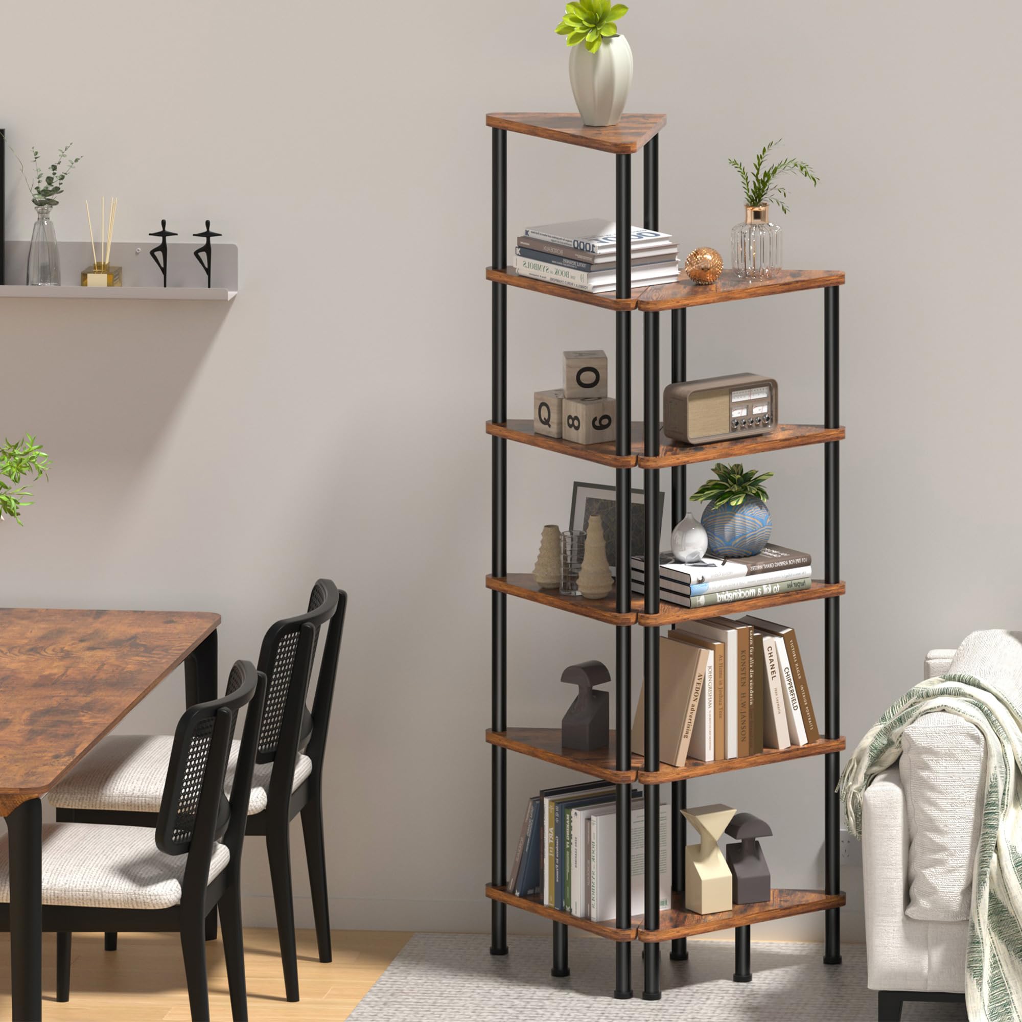 Lifenite Corner Shelf Stand, 5 Tier Corner Bookshelf with Storage, Corner Bookcase for Small Spaces, DIY Stackable Bookshelf, Corner Display Plant Stand, Bathroom, Living Room, Kitchen, Home Office