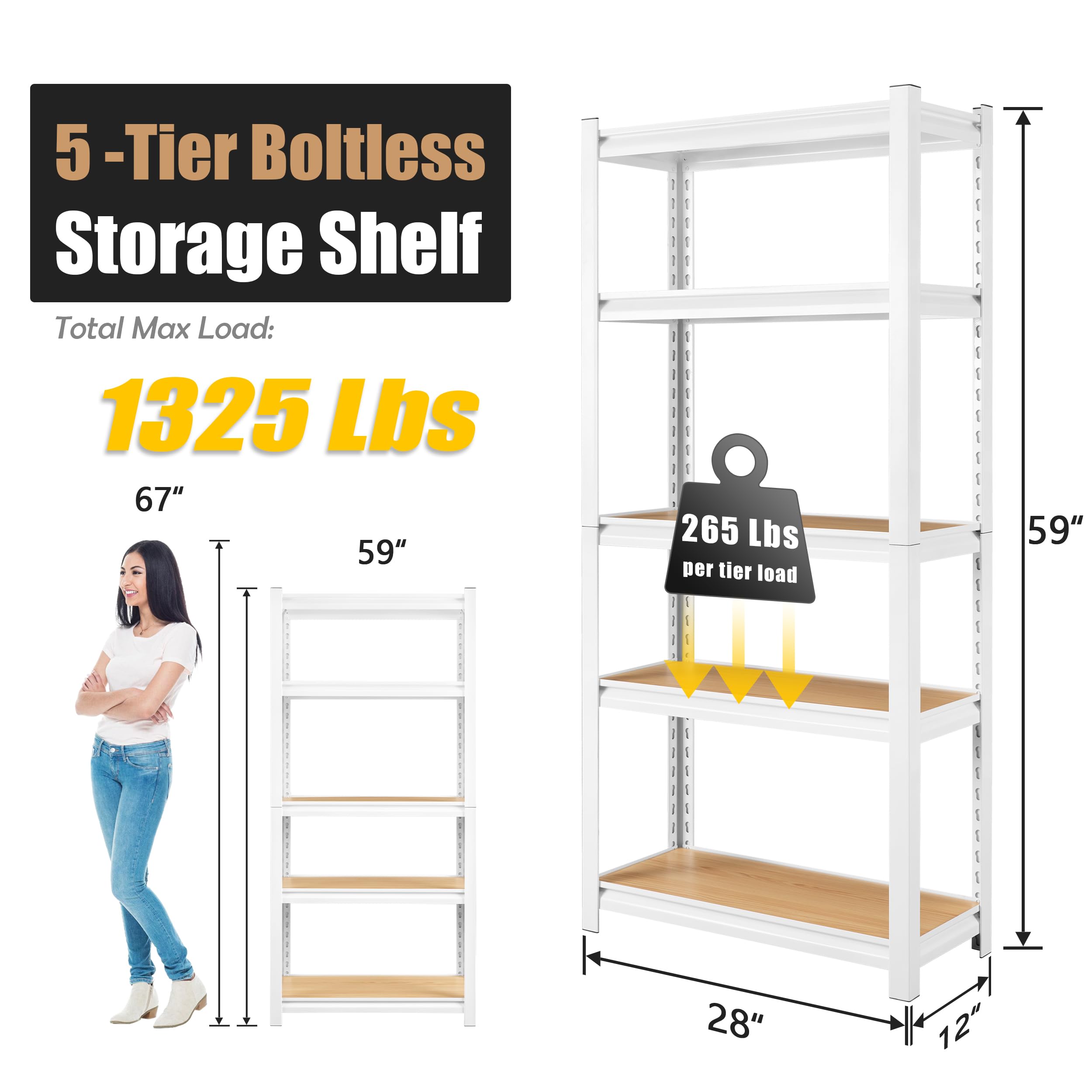 PrimeZone 28" W x 12" D x 59" H Storage Shelves, 5-Tier Adjustable Storage Utility Rack, Heavy Duty Metal Shelving Unit Organization Shelf for Kitchen Pantry Closet Garage Warehouse, White