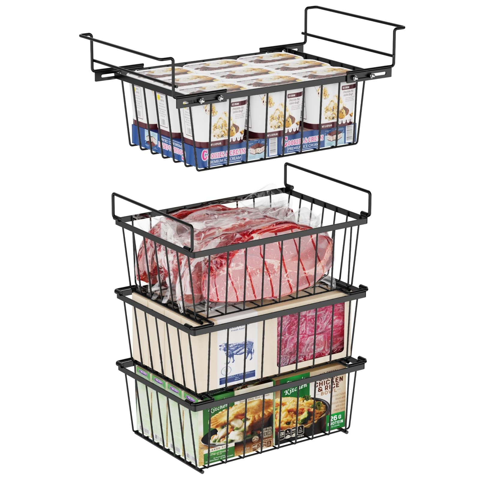 iSPECLE 4 Pack Freezer Organizer Bins - Fit 5 Cu.FT Chest Freezer, 1 Expandable Hanging Bin and 3 Pack Stackable Deep Freezer Organizer, Sort and Get Frozen Food Easily with Handle, Black