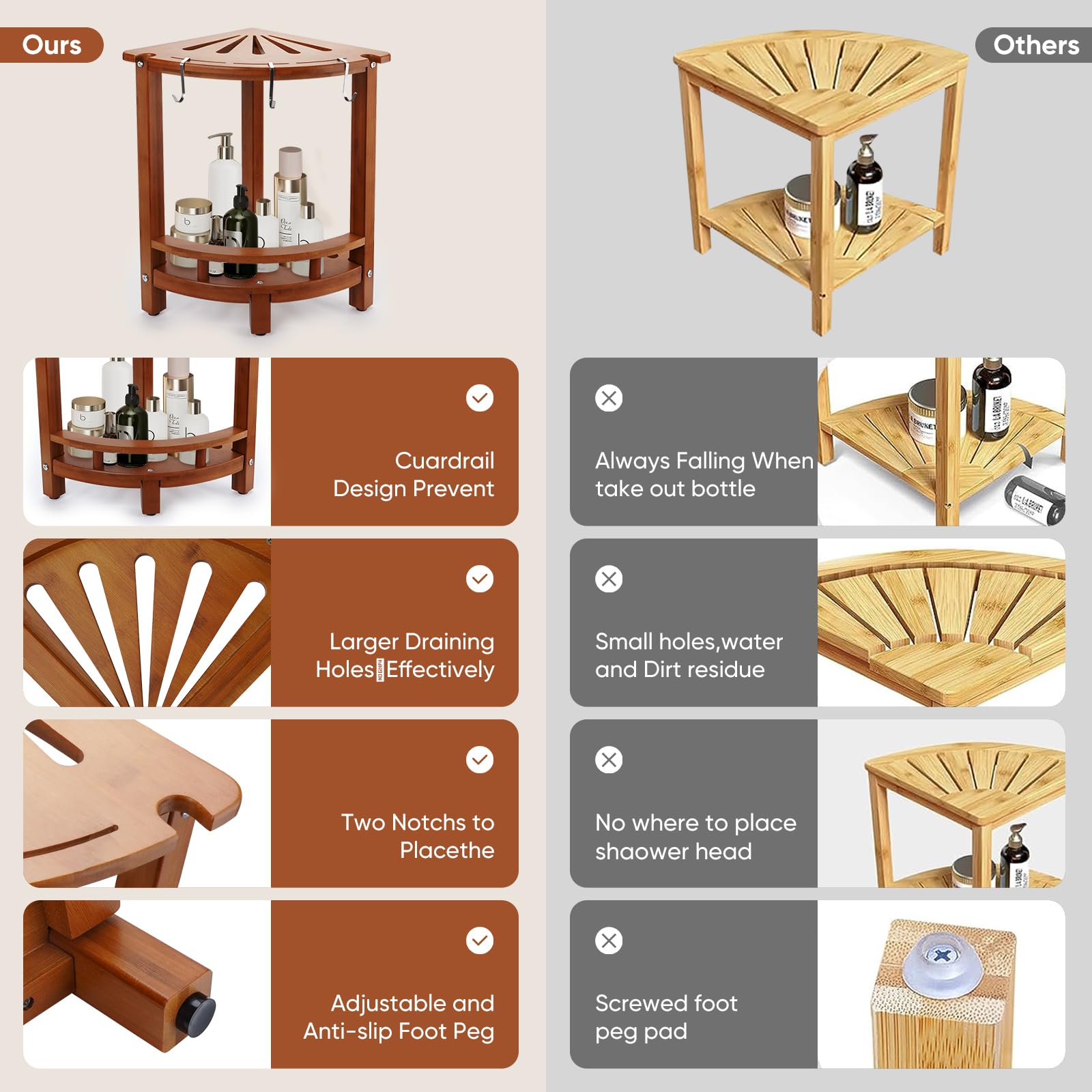 Corner Shower Stool 12in shower Seat for Inside Shower Bamboo Shower Stool for Shaving Legs Waterproof Bath Bench Seat with Storage Shelf Bamboo Shower Foot Rest for Small Shower Spaces Bath Seat