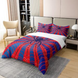 Spider Silhouette 100% Cotton Duvet Cover,Watercolor Abstract Spider Web Kids Halloween Theme Comforter Cover,Red Blue Print Cartoon Spider Web Comforter Cover 2 Pcs with 1 Pillowcase Twin