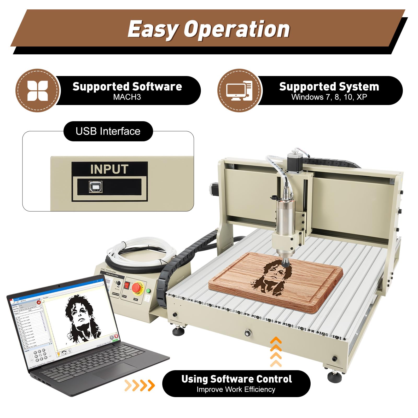 USB 4 Axis CNC 6090 Router Kit MACH3 Control +2.2KW CNC Router Small Wood Metal Engraving Milling Machine,3D Milling Engraving Machine with Controller for Wood Relief, Three-dimensional Carving