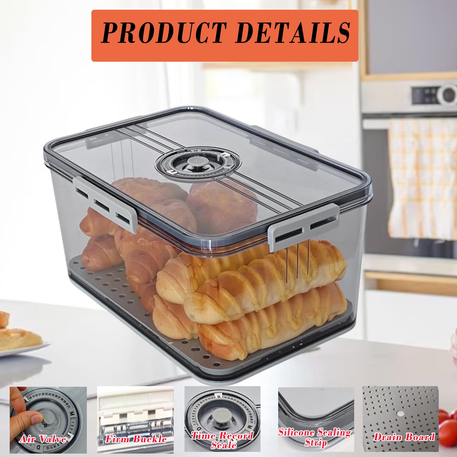 Bread Box with Lid for Kitchen Counter, 10L Airtight Loaf Bread Storage Container，Time Recording Bread Keeper for Homemade Bread, Toast, Bagel, Donut and Cookies (Grey)