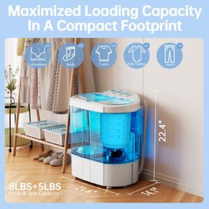 Ceamorfco Portable Washing Machine, Twin Tub 13 Lbs Capacity, Mini Portable Washer Dryer Combo with 5 FT Inlet Hose, Lavadora Portatil for Laundry, Apartment, Dorm, RV, College