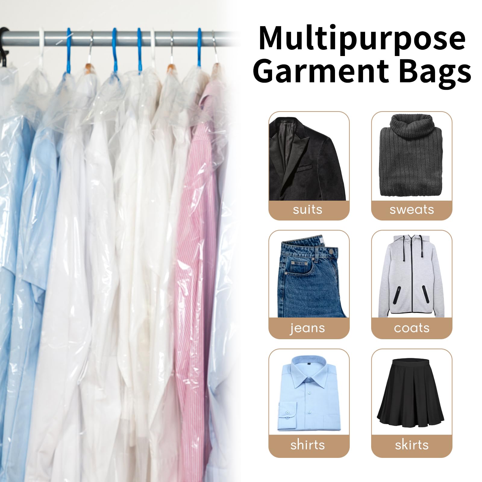 Ohuimrt 30 Pack Garment Bags for Hanging Clothes, Clear Plastic Dry Cleaning Bags Clothes Covers for Storage Suits, Shirts, Coats, 35.4 x 23.6 Inches